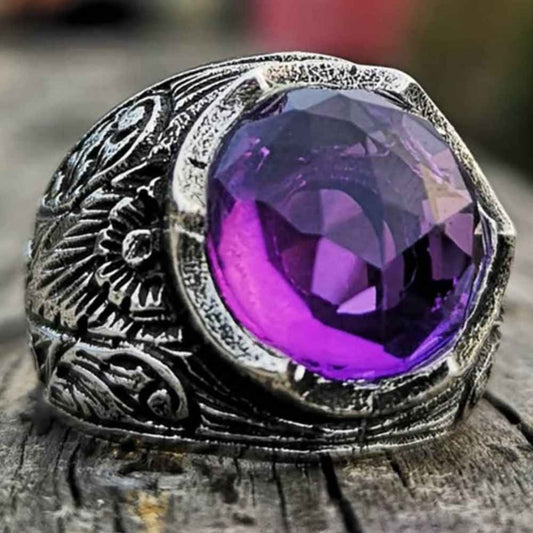 Shiny Amethyst Stone Silver Luxury Mens Ring
