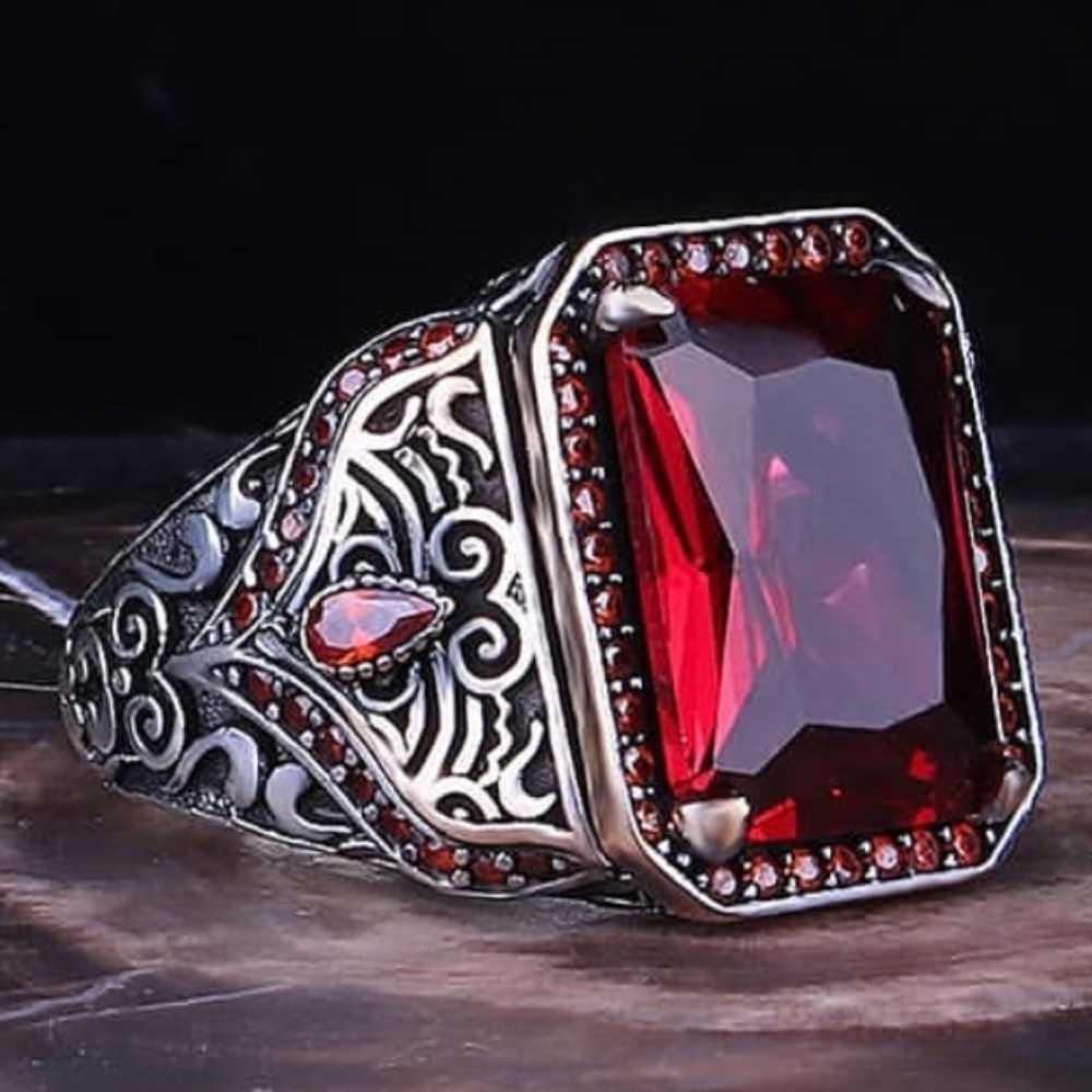 Stylish Red Ruby Stone Silver Handmade Mens Ring