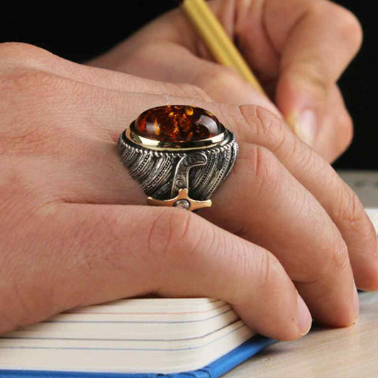 Sword Style Silver Amber Stone Heavy Mens Ring