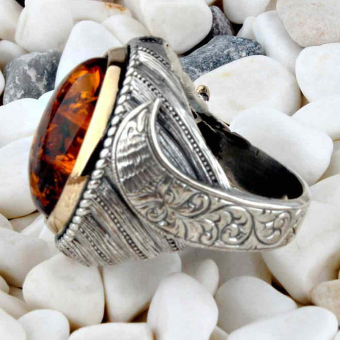 Sword Style Silver Amber Stone Heavy Mens Ring