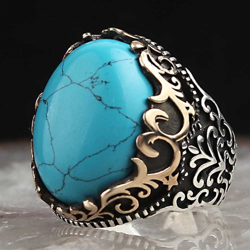 Veined Turquoise Stone Silver Blue Mens Ring